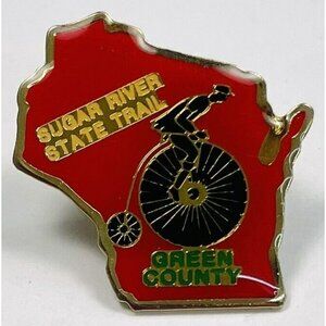 VTG 1" Goldtone Red Enamel WISCONSIN PINBACK Lapel Pin Sugar River Green County